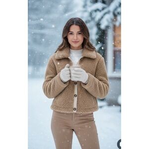 ASTR The Label Teddy Faux Fur Jacket Womens Size L Caramel Cozy Button Front